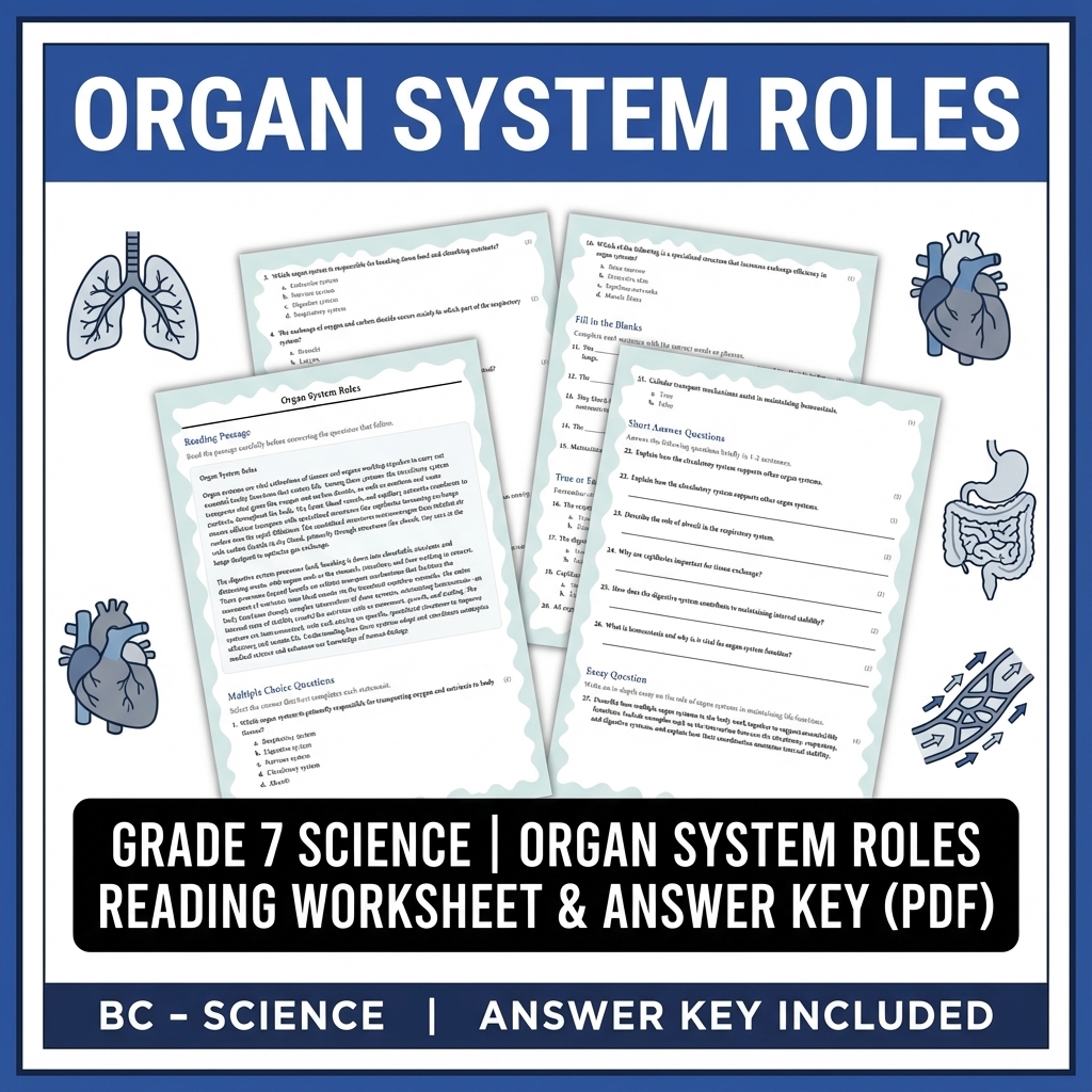 Grade 7 Science | Organ System Roles Reading Worksheet & Answer Key (PDF)