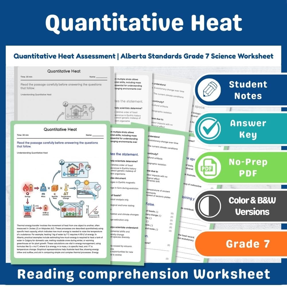 Grade 7 Science assessment worksheet — Quantitative Heat Assessment | Alberta Standards Grade 7 Science Worksheet — page 1