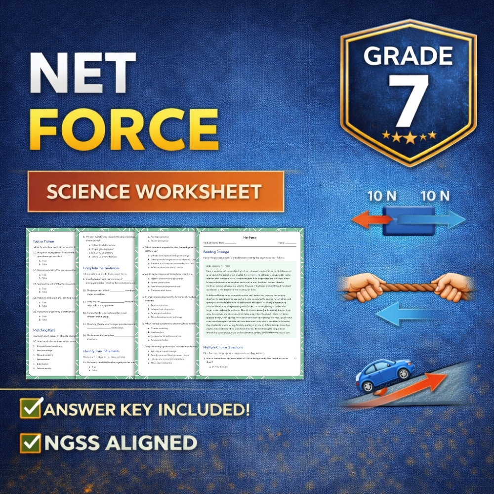 Grade 7 Science g7 ngss worksheet — 7th Grade Science | Net Force Practice Worksheet (Answer Key Included)