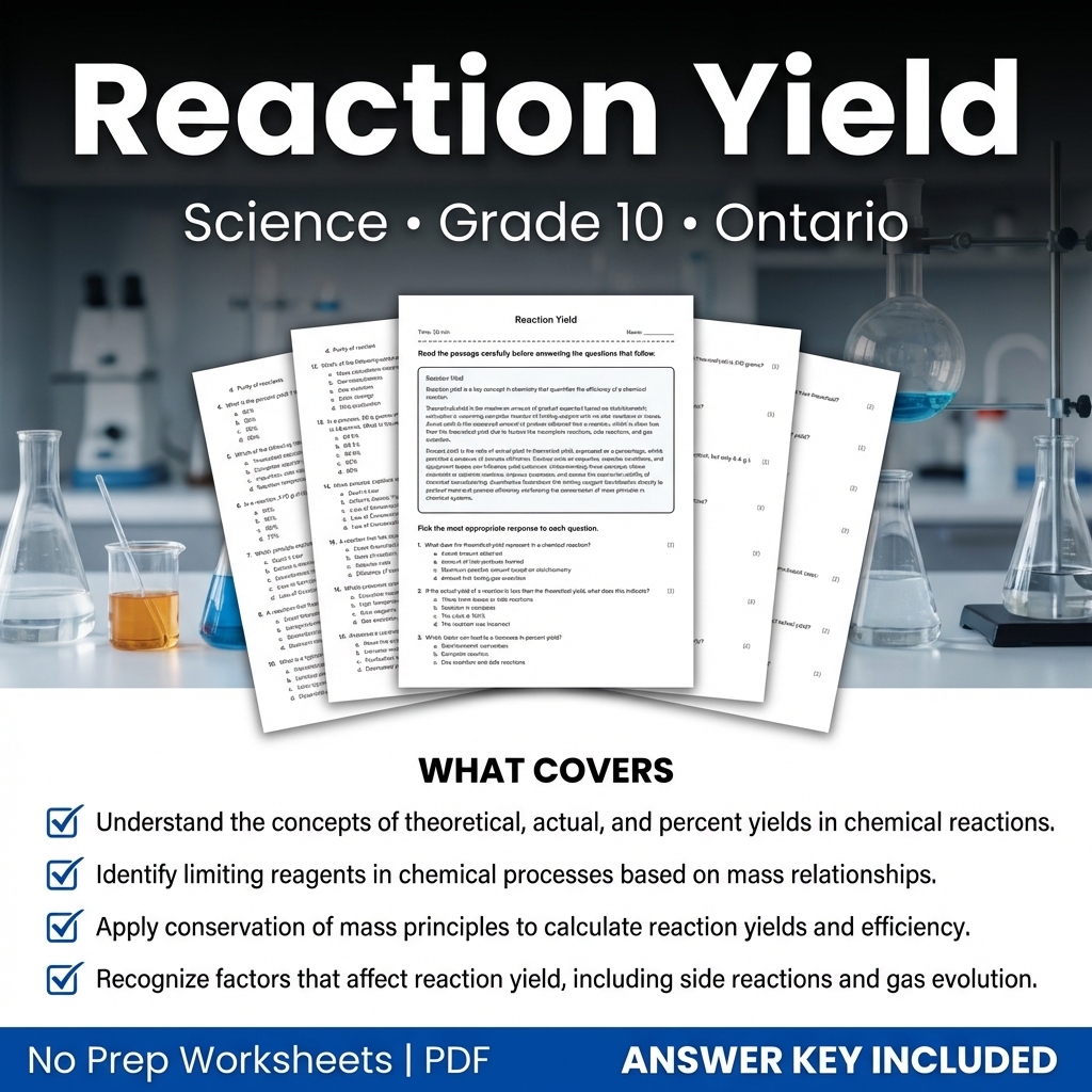 Reaction Yield Worksheet for Grade 10 Science | Ontario Standards