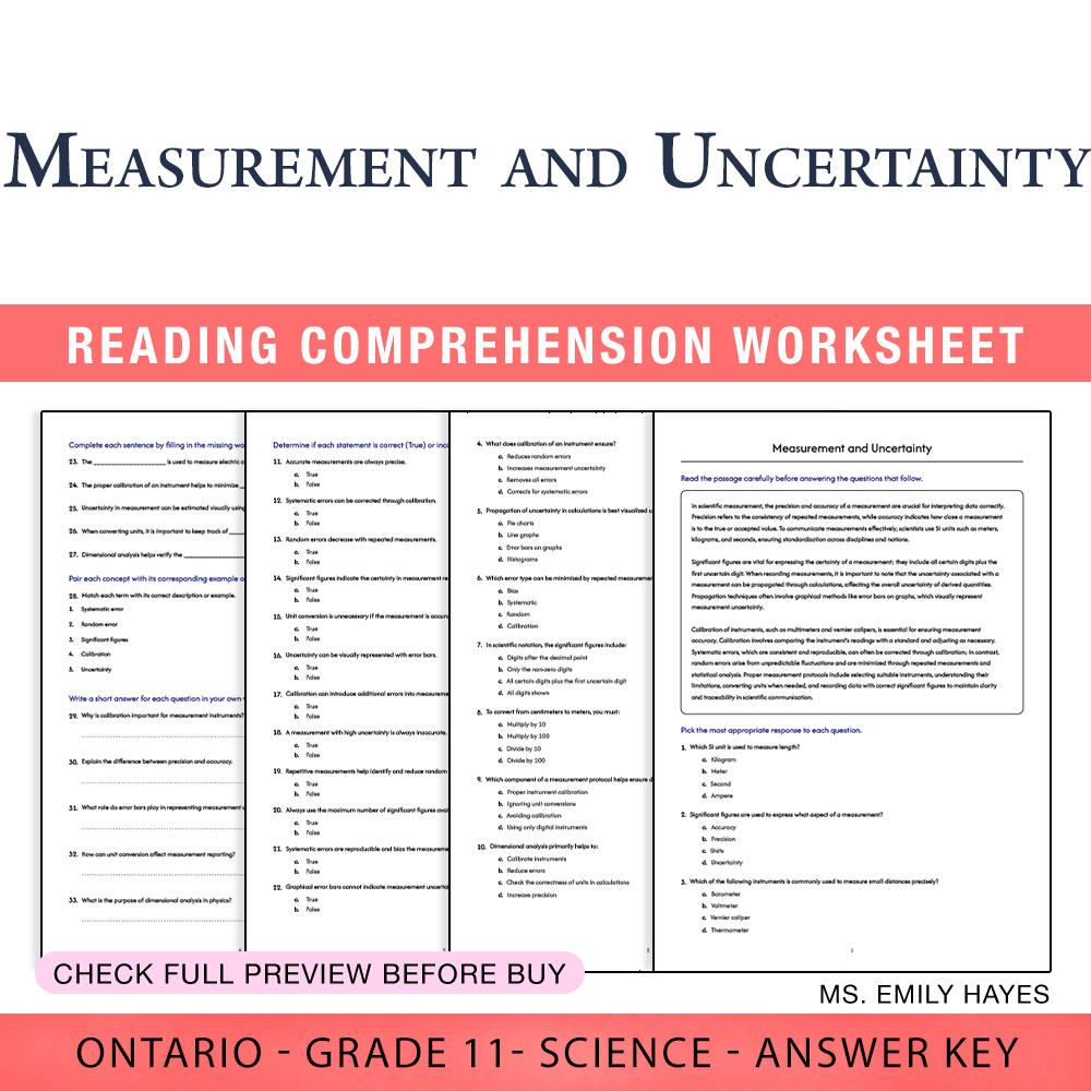 Grade 11 Science worksheet worksheet — 11th Grade Science | Measurement and Uncertainty Worksheet (PDF + Answer Key) — page 1