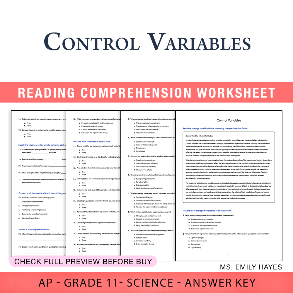 Grade 11 Science worksheet assessment worksheet — Grade 11 Science | Control Variables Worksheet (PDF+ Answer Key) — page 1