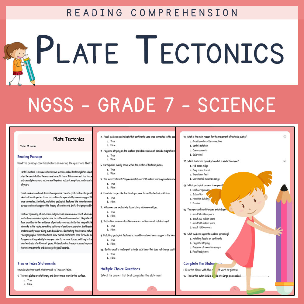 Grade 7 Science worksheet worksheet — Grade 7 Science | Plate Tectonics Worksheet & Answer Key (NGSS Aligned) — page 1