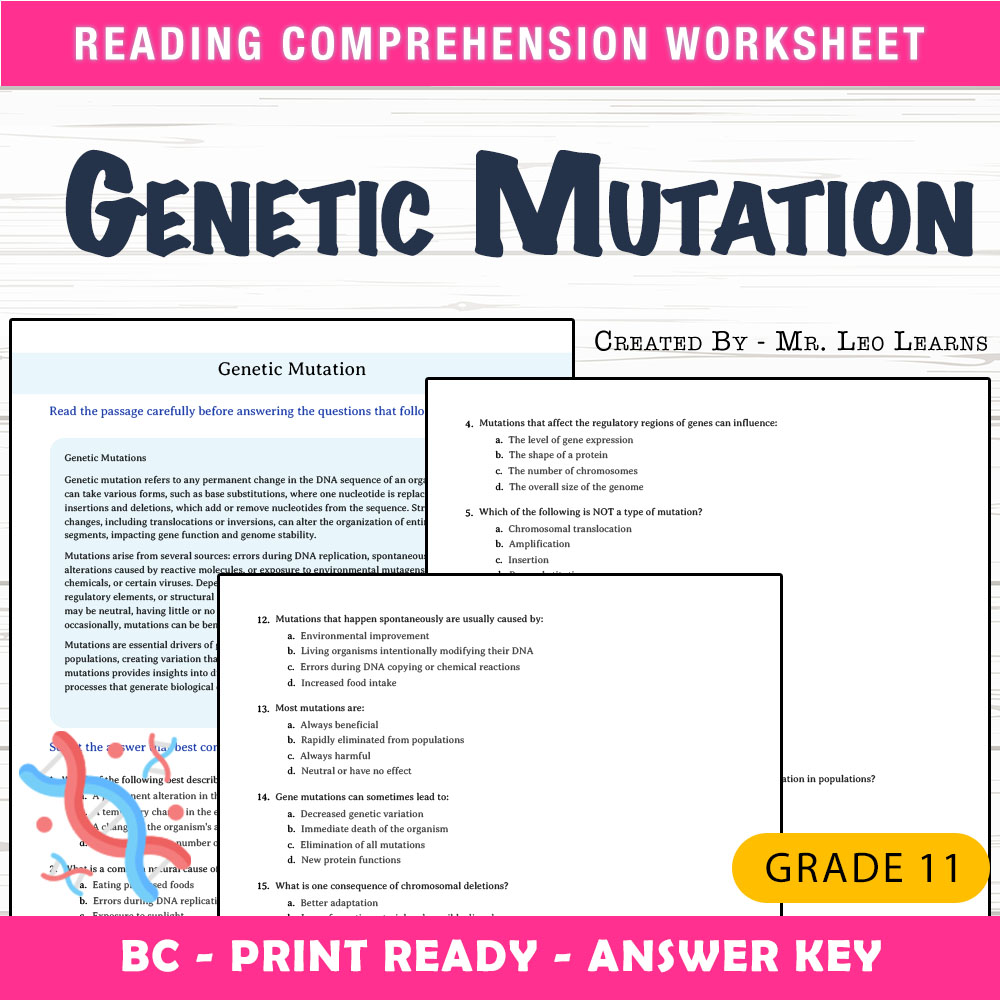 Grade 11 Science worksheet mcq paper worksheet — Grade 11 Science — Worksheet MCQ Paper for Mastering Genetic Mutation — p…
