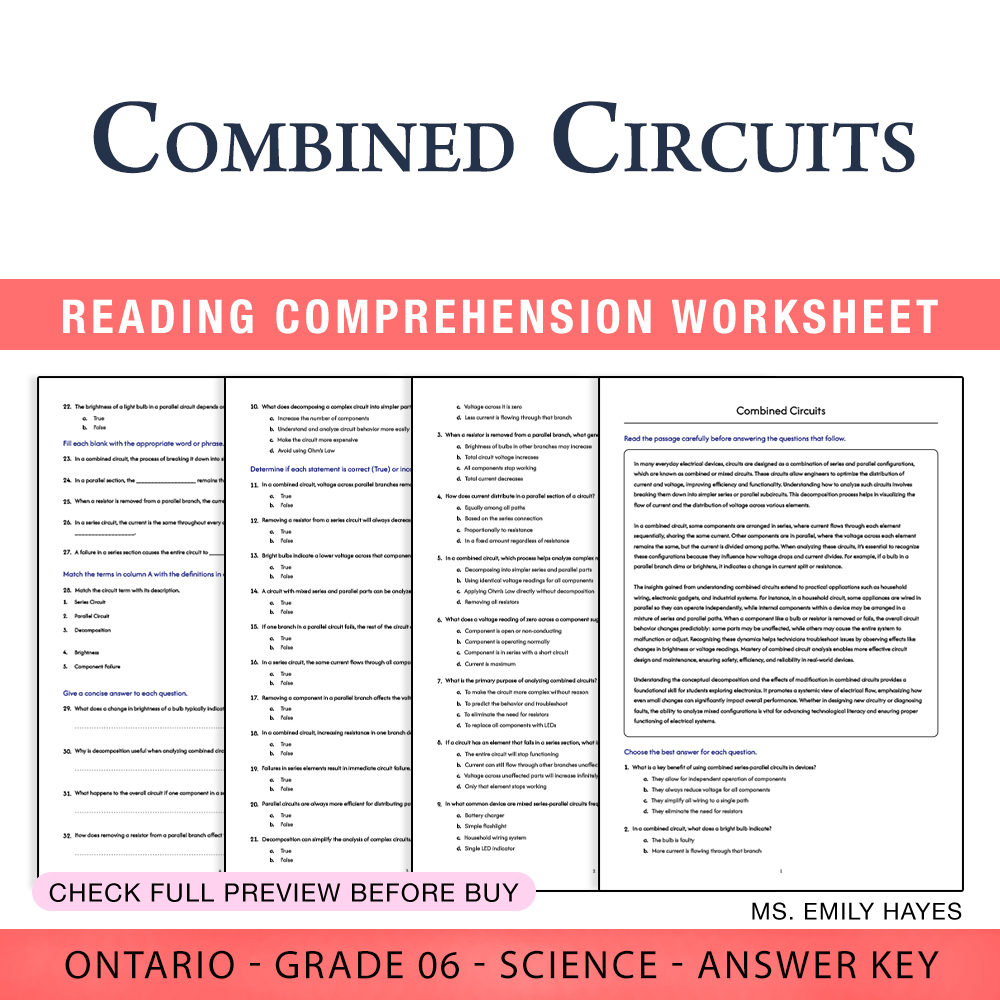 Grade 6 Science worksheet worksheet — 6th Grade Science | Combined Circuits Worksheet (PDF + Answer Key) — page 1