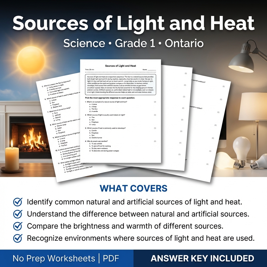 Grade 1 Science Worksheet on Sources of Light and Heat | Ontario Standards