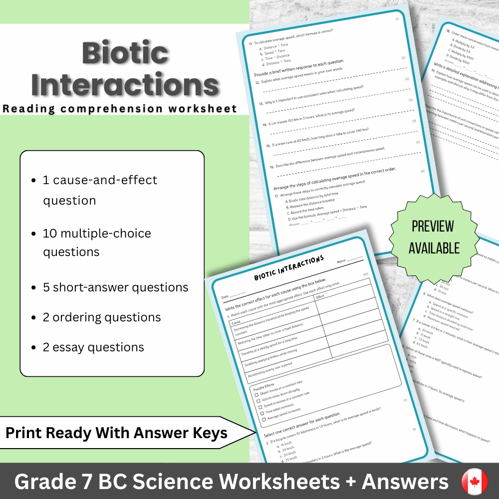 Grade 7 Science | Biotic Interactions Worksheet (Answer Key) – BC Standards