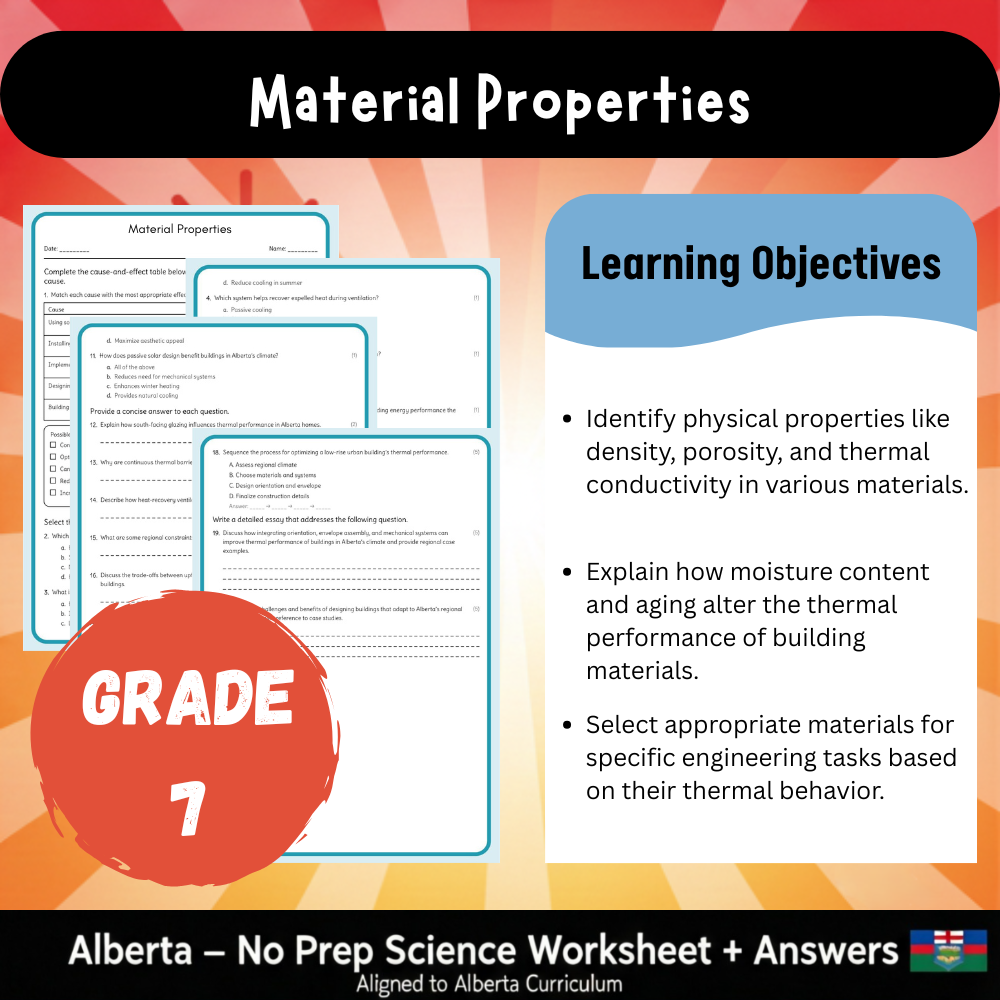 Grade 7 Science – Material Properties Worksheet (PDF) – Alberta Standards