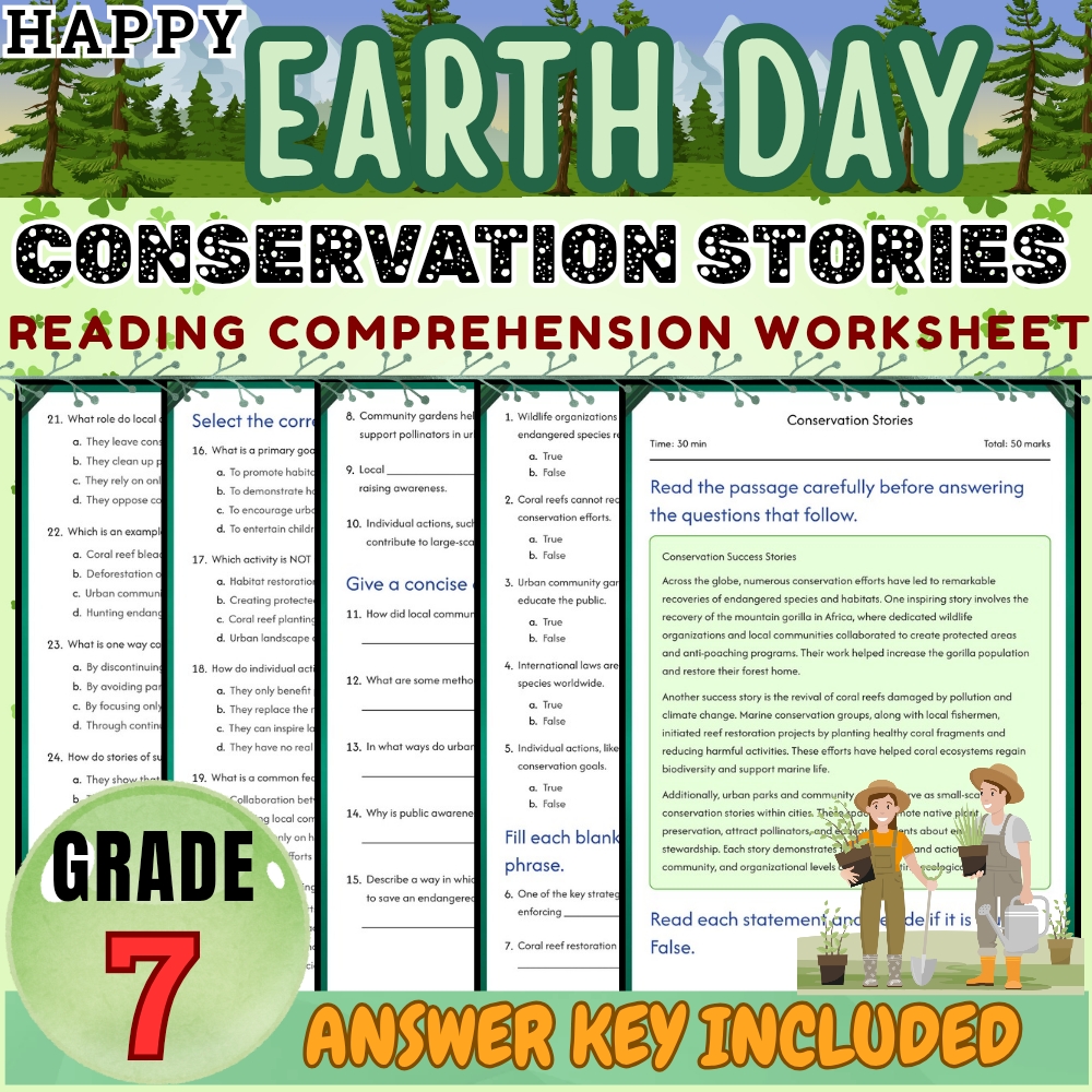 Grade 7 Seasonal Bundle|Earth Day & Sustainability Worksheets (PDF + Answer Key) — included worksheet 4