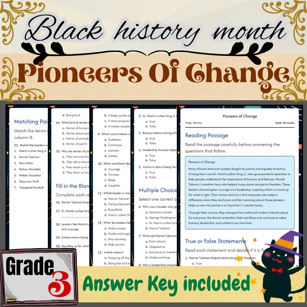 Grade 3 Seasonal Black Friday Worksheet for Pioneers of Change |PDF + Answer Key