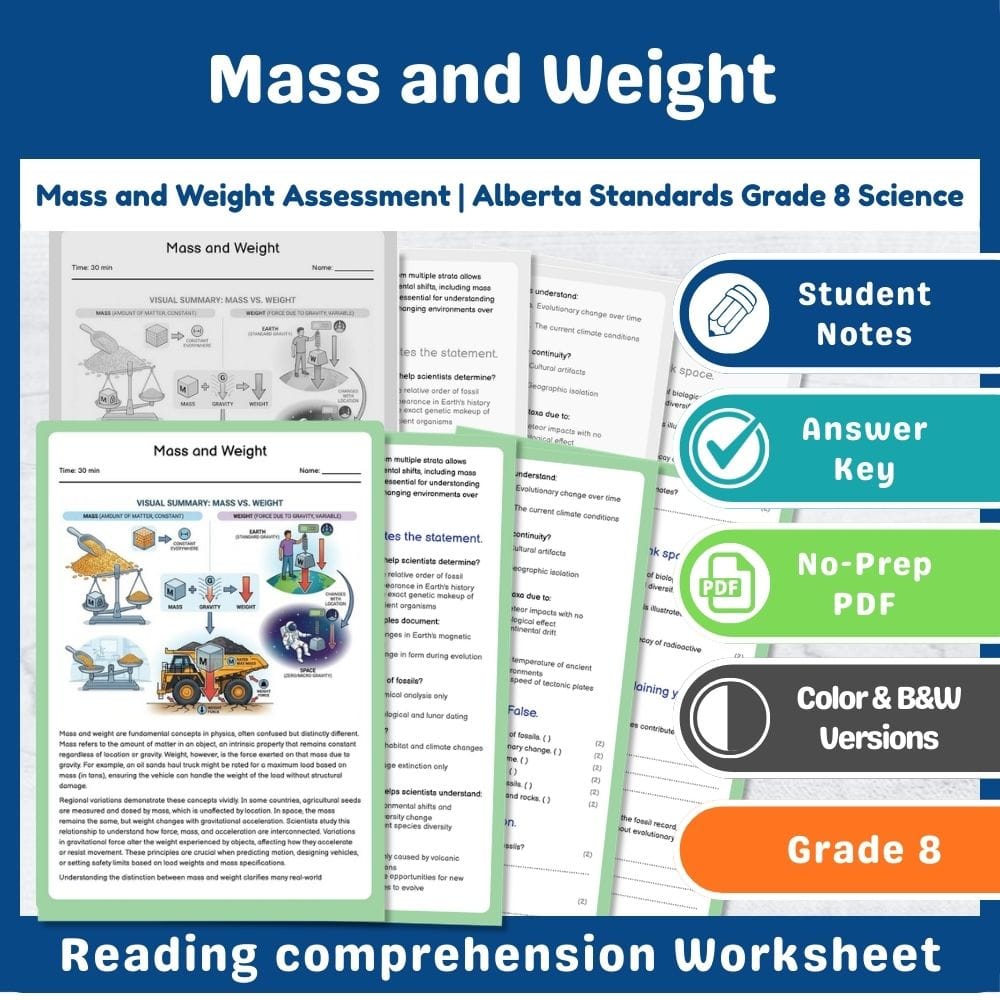 Grade 8 Science assessment worksheet — Mass and Weight Assessment | Alberta Standards Grade 8 Science — page 1