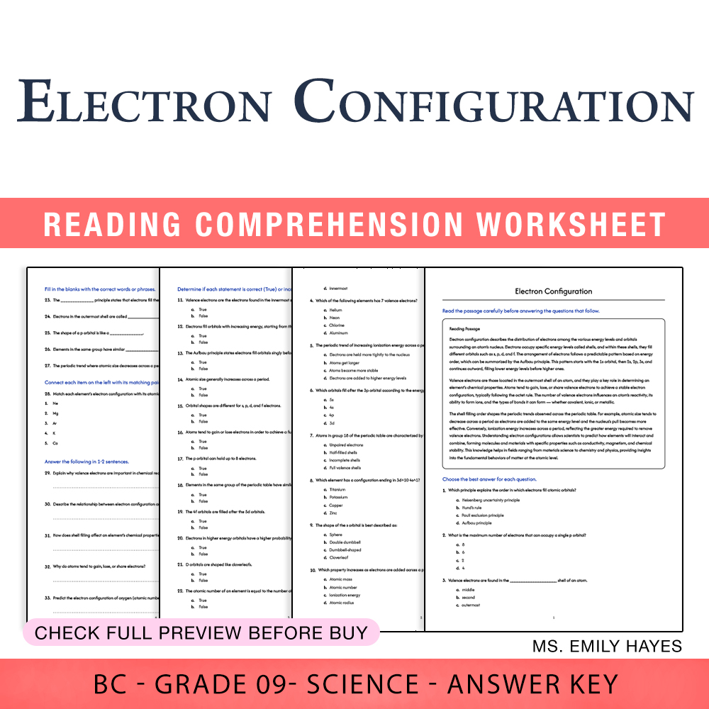 Grade 9 Science worksheet worksheet — 9th Grade Science | Electron Configuration Worksheet (PDF+ Answer Key) — page 1
