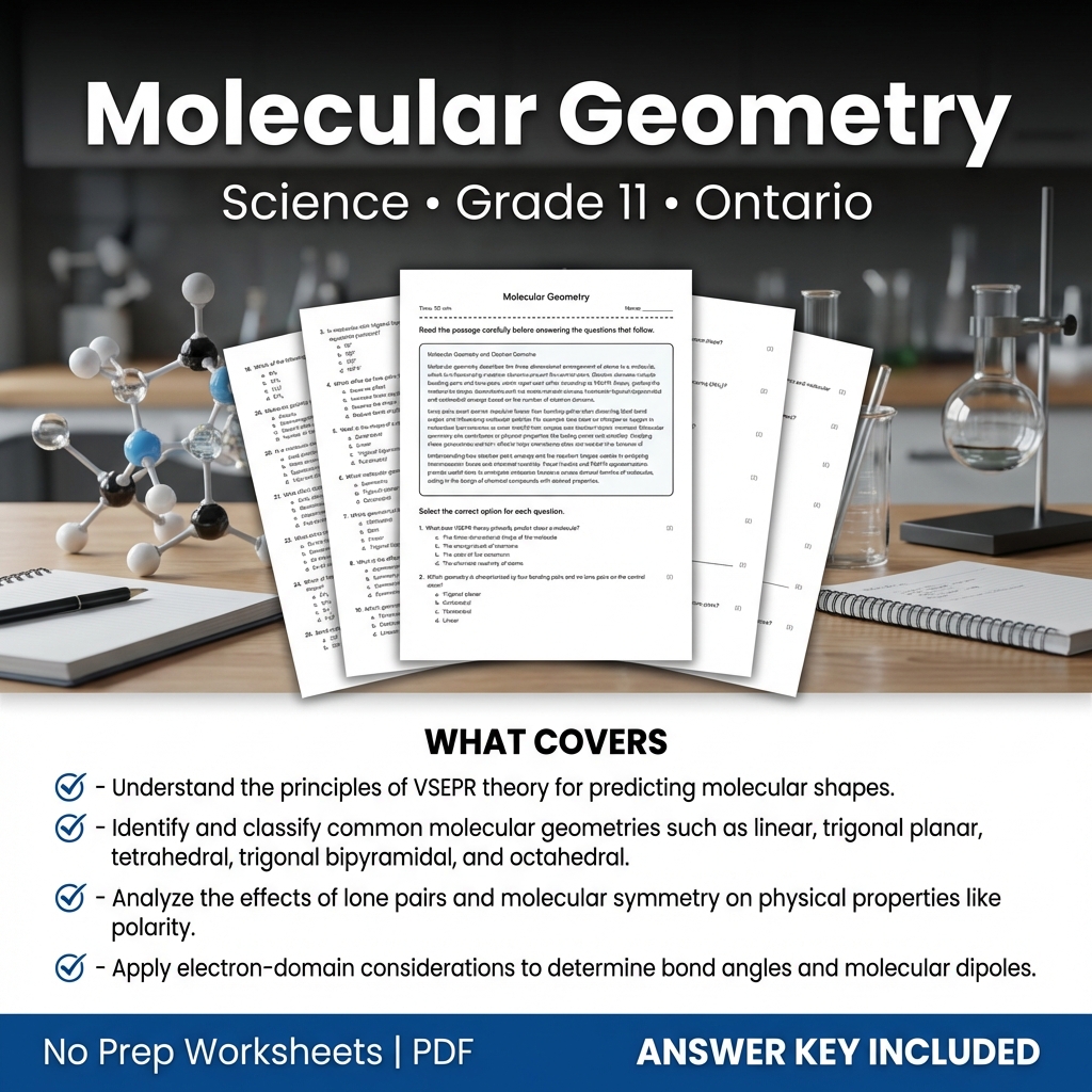 Molecular Geometry Worksheet | Science Assessment for Grade 11 Ontario