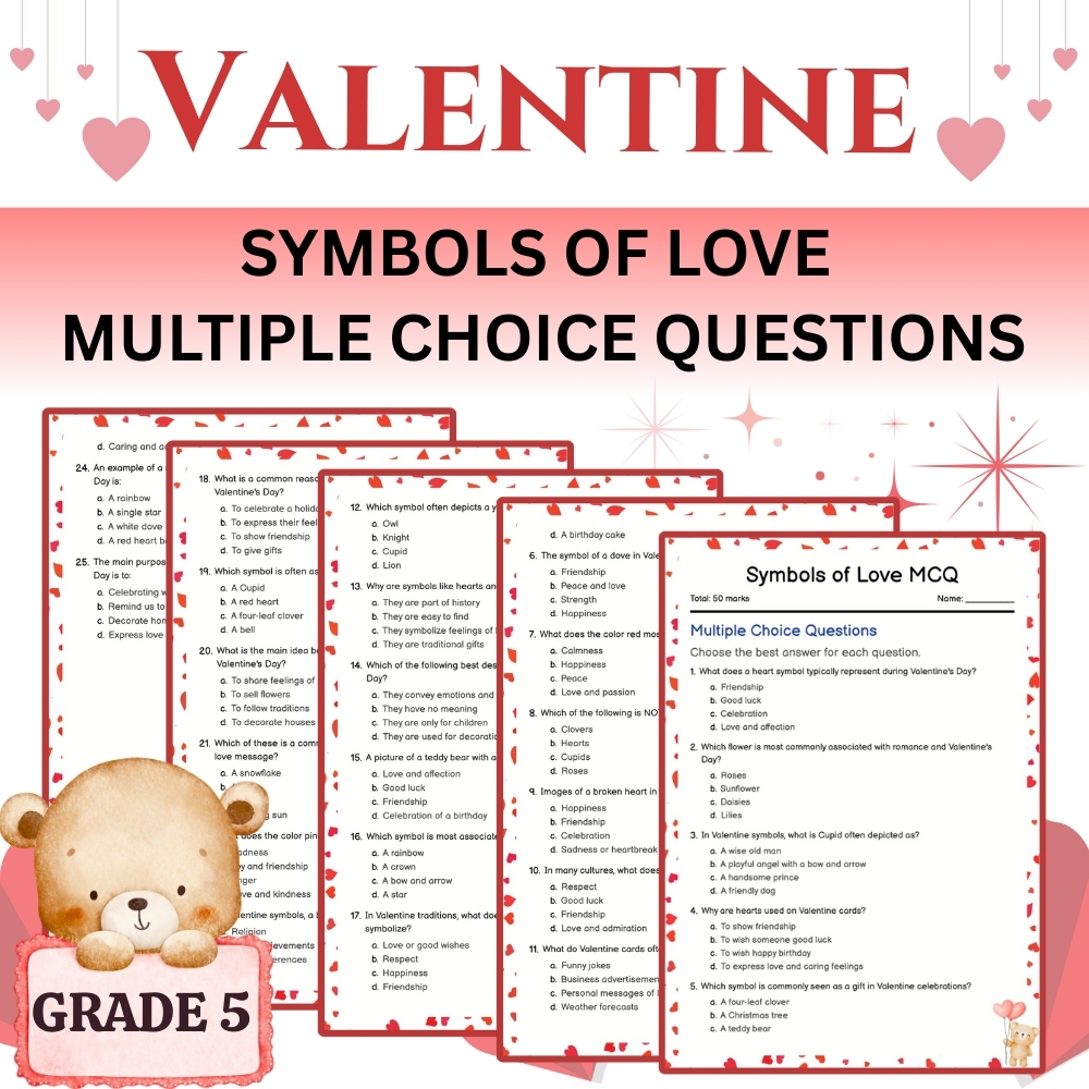 Grade 5 Seasonally-Themed Valentine MCQ Worksheet | Holiday & Love Symbols (PDF)