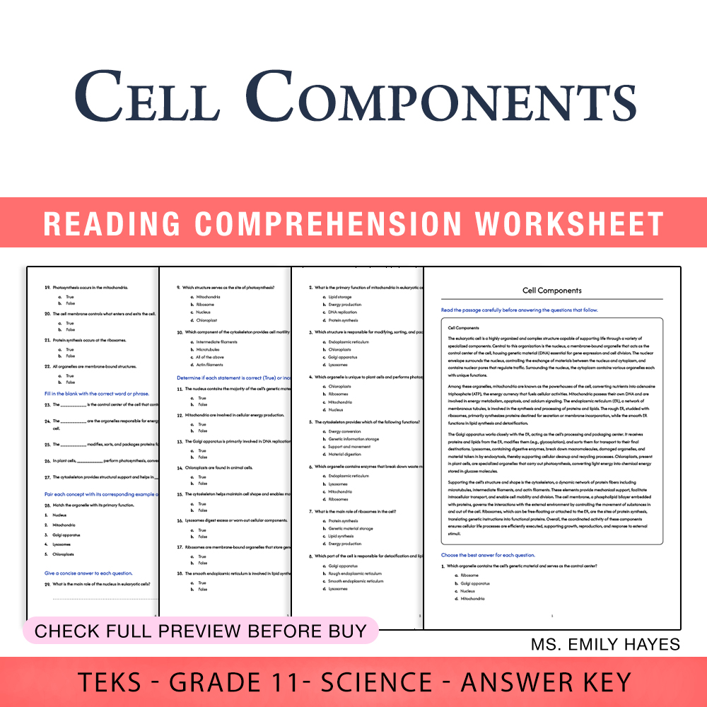 Grade 11 Science worksheet worksheet — 11th Grade Science | Cell Components Worksheet (PDF+ Answer Key) — page 1