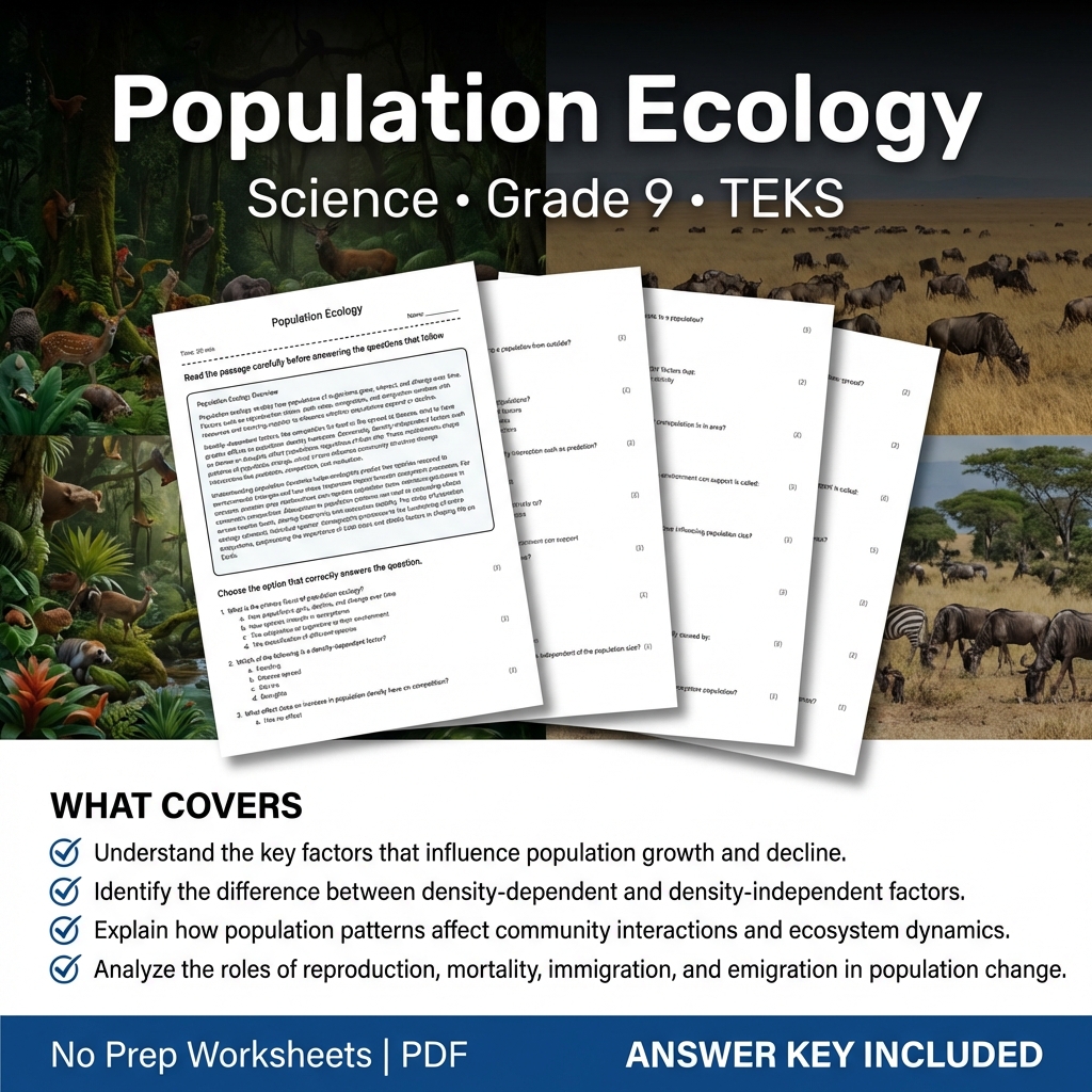 Population Ecology Worksheet for Grade 9 Science | TEKS Aligned