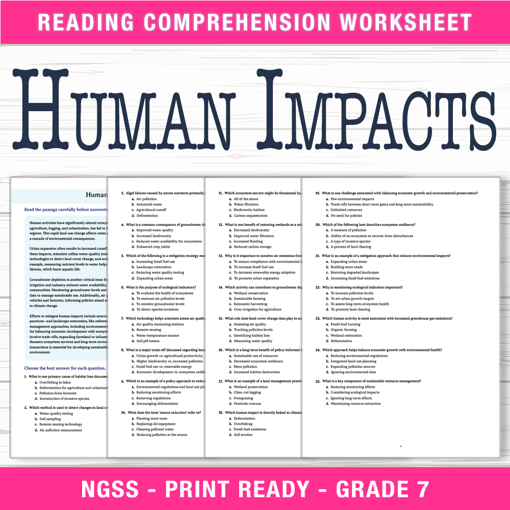 Grade 7 Science worksheet worksheet — Grade 7 Science – Human Impacts Worksheet (PDF + Answer Key) — page 1