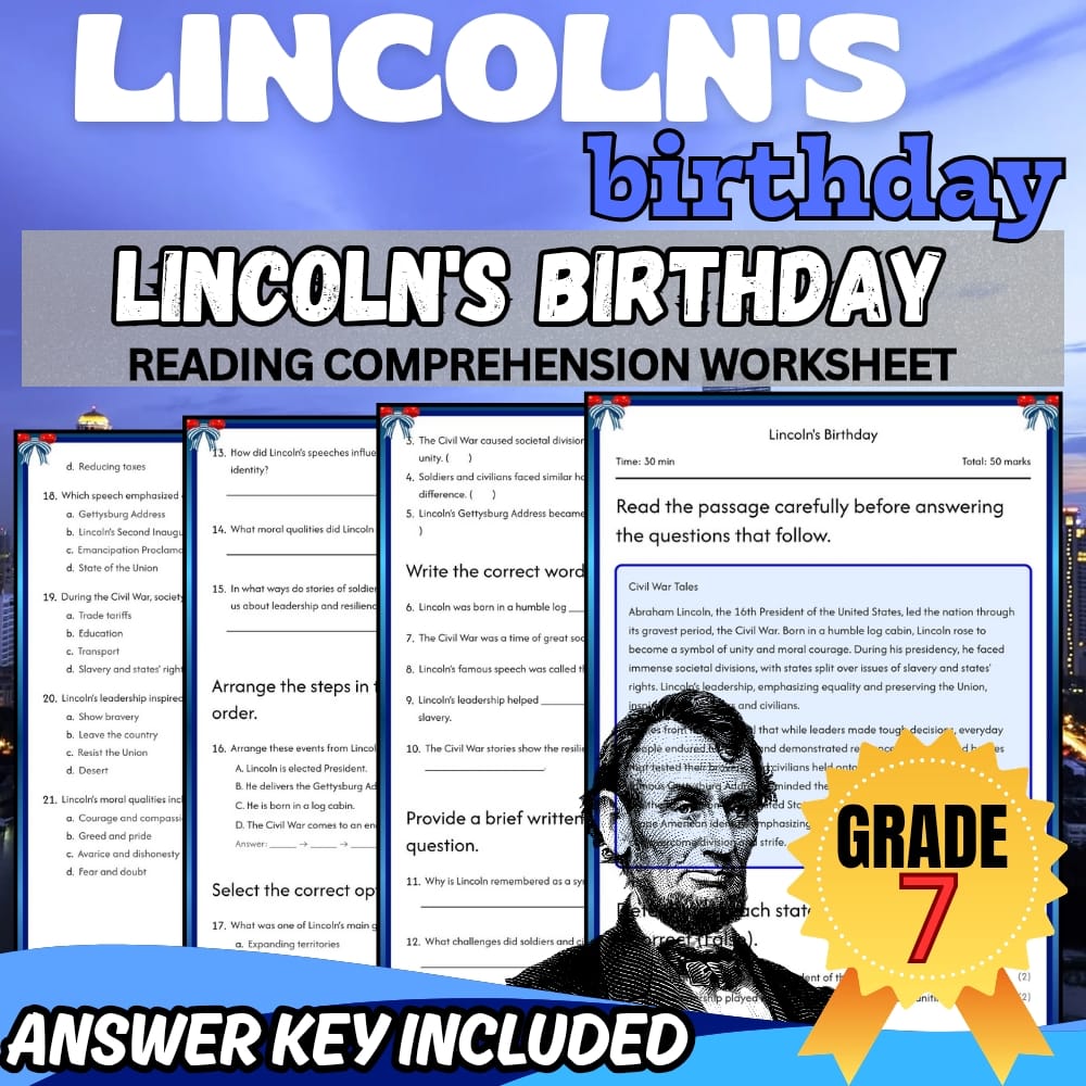 Grade 7 Lincoln's birthday Worksheet for American History | PDF + Answer Key