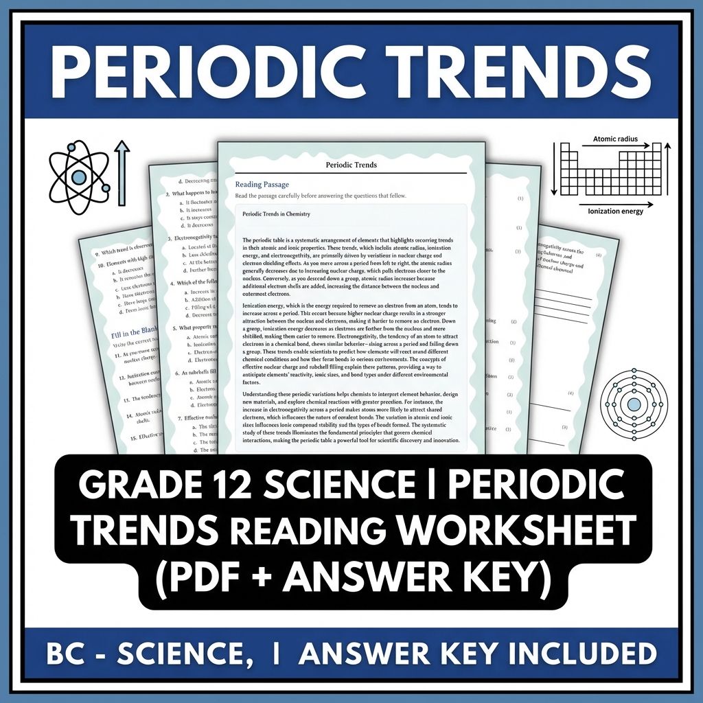 Grade 12 Science | Periodic Trends Reading Worksheet with Answer Key (PDF)