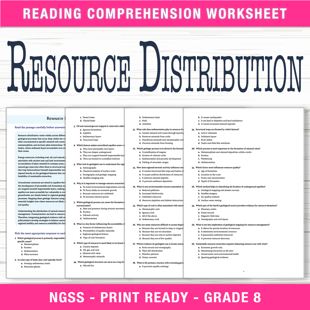 Grade 8 Science worksheet worksheet — Grade 8 Science | Resource Distribution Worksheet (PDF + Answer Key) — page 1