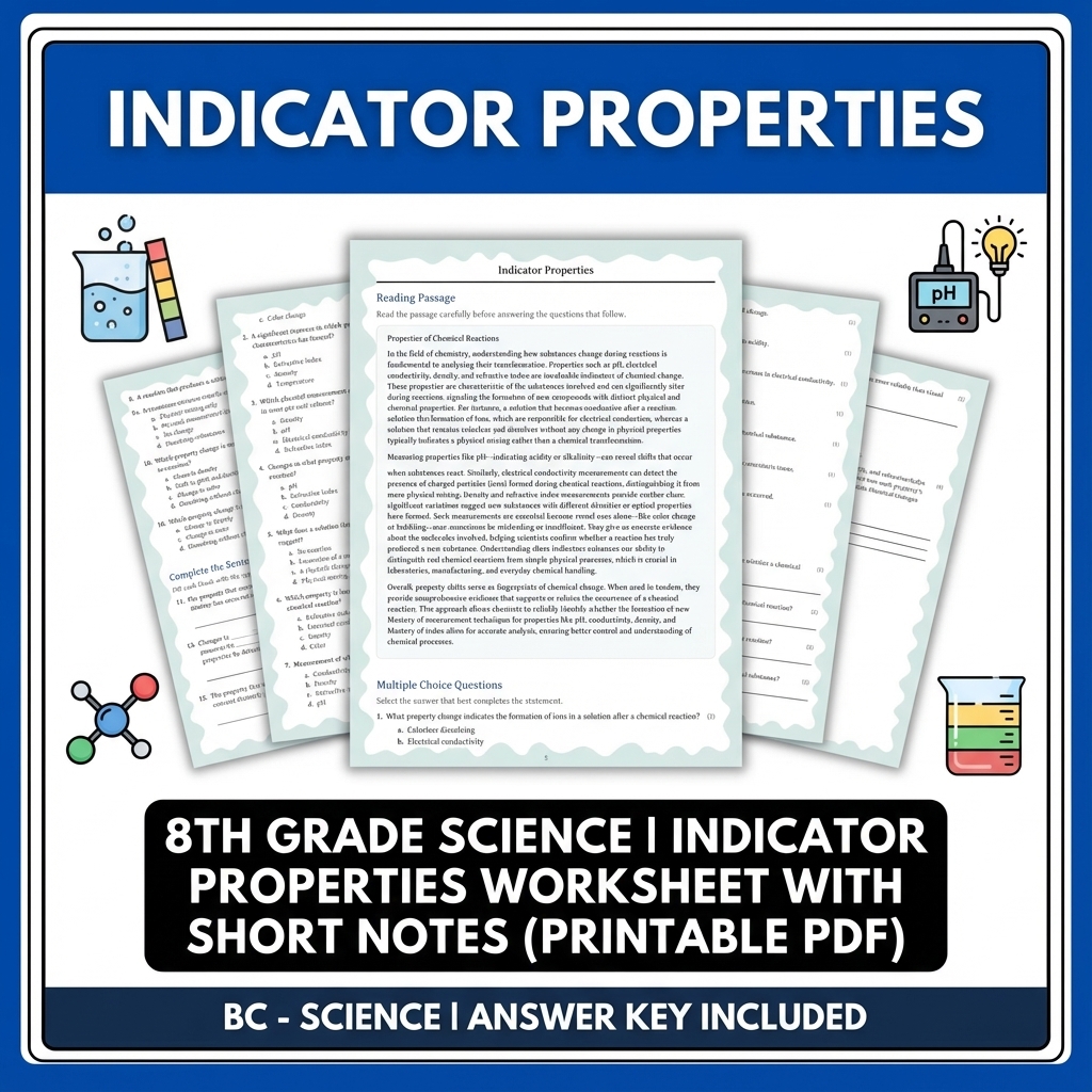 Grade 8 Science Reading Worksheets | Indicator Properties Mastery (PDF)