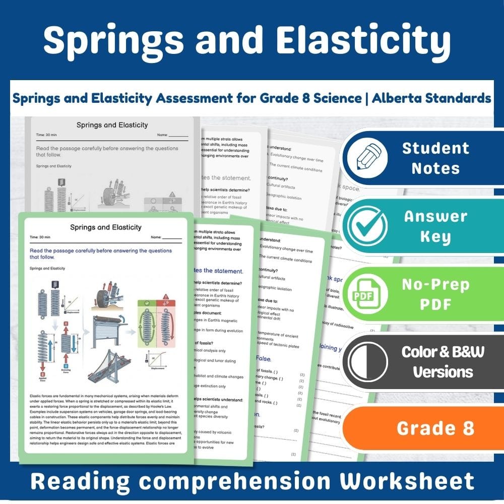 Grade 8 Science assessment worksheet — Springs and Elasticity Assessment for Grade 8 Science | Alberta Standards — page 1