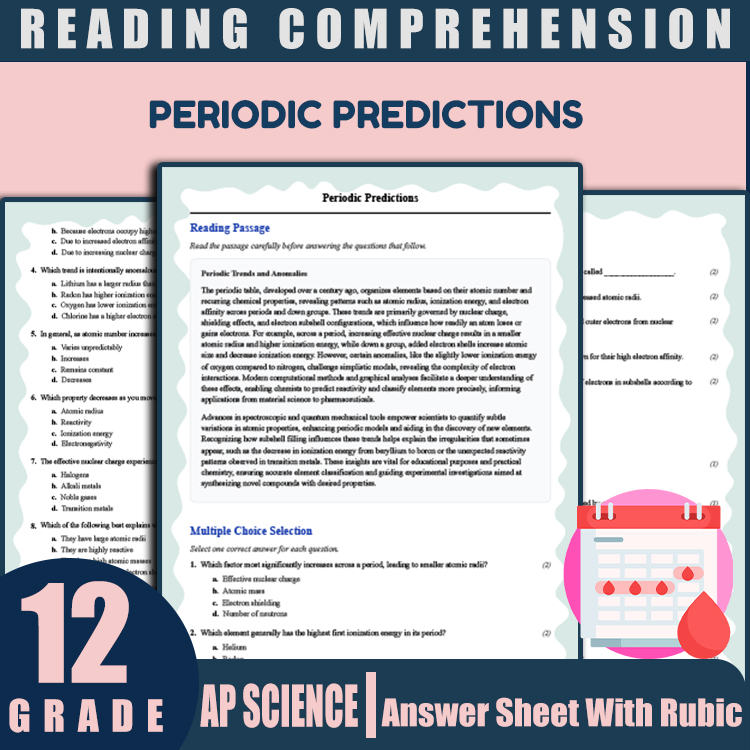 Grade 12 Science reading worksheets worksheet — Grade 12 Science | Periodic Predictions Reading Worksheet & Answer Key (PD…
