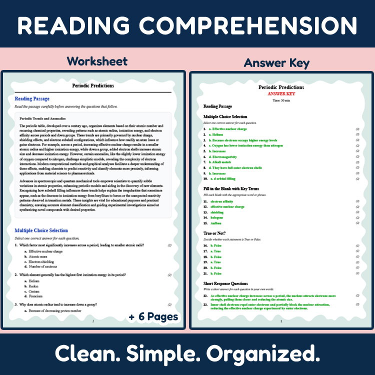 Grade 12 Science reading worksheets worksheet — Grade 12 Science | Periodic Predictions Reading Worksheet & Answer Key (PD…
