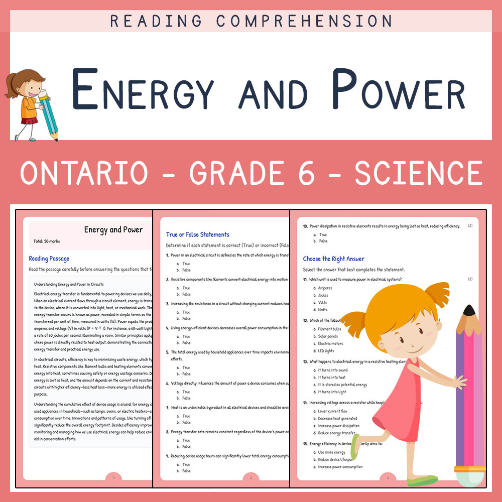 Grade 6 Science worksheet worksheet — Grade 6 Science | Energy and Power Worksheet (PDF + Answer Key) for Ontario — page 1