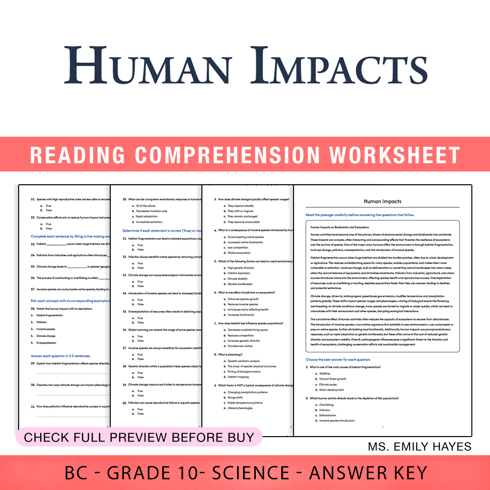 Grade 10 Science worksheet worksheet — Grade 10 Science | Human Impacts Worksheet (PDF+ Answer Key) — page 1