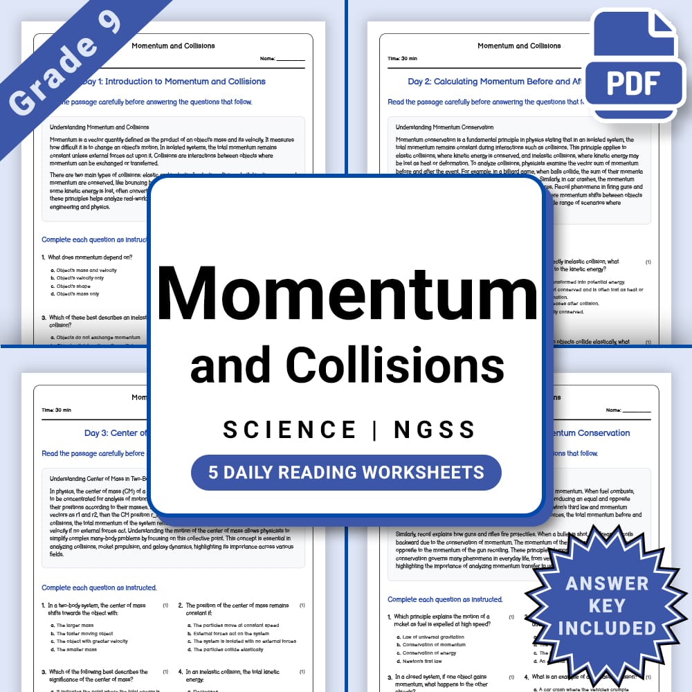 Grade 9 Science daily reading worksheet worksheet — Grade 9 Science Momentum and Collisions Worksheet(PDF + Answer Key) —…