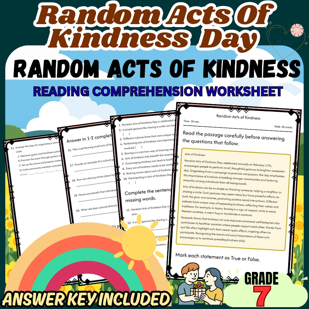 Grade 7 Holiday Random Acts of Kindness Worksheet for Mastery | PDF + Answer Key