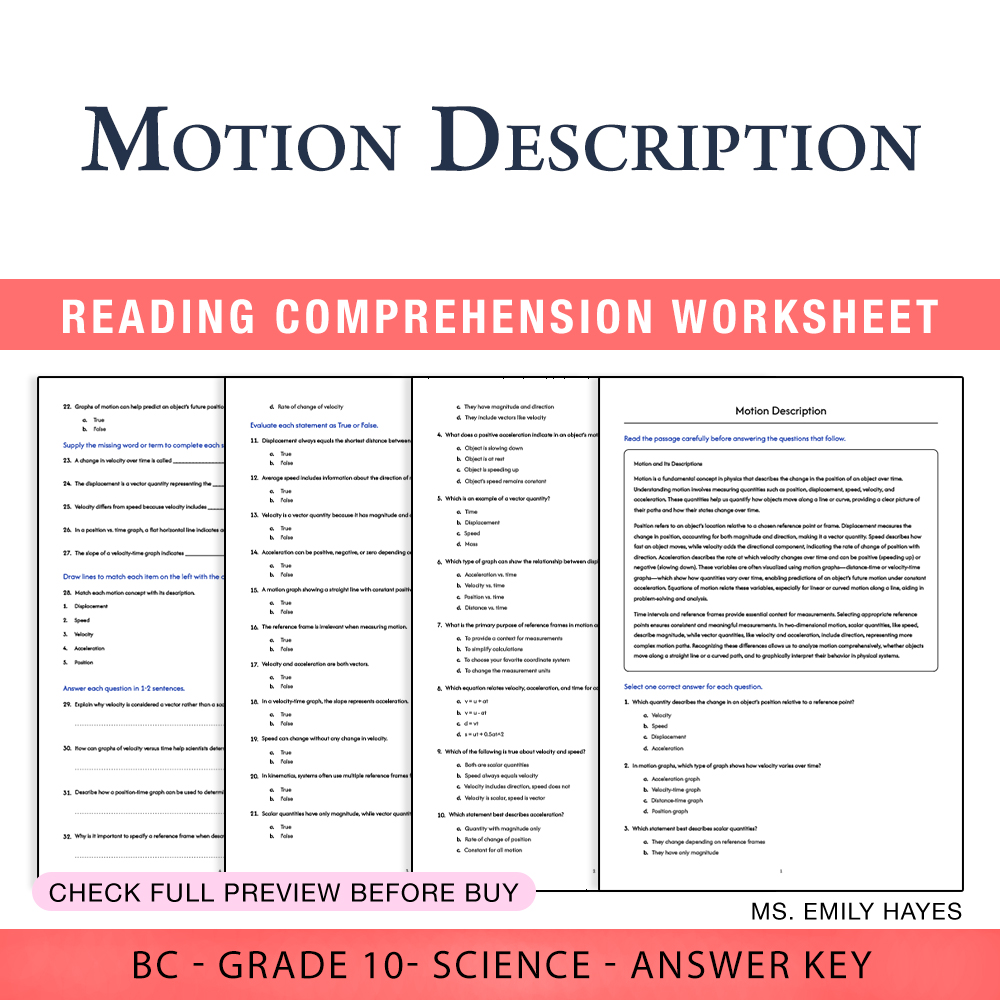 Grade 10 Science worksheet worksheet — Grade 10 Science | Motion Description Worksheet (PDF+ Answer Key) — page 1