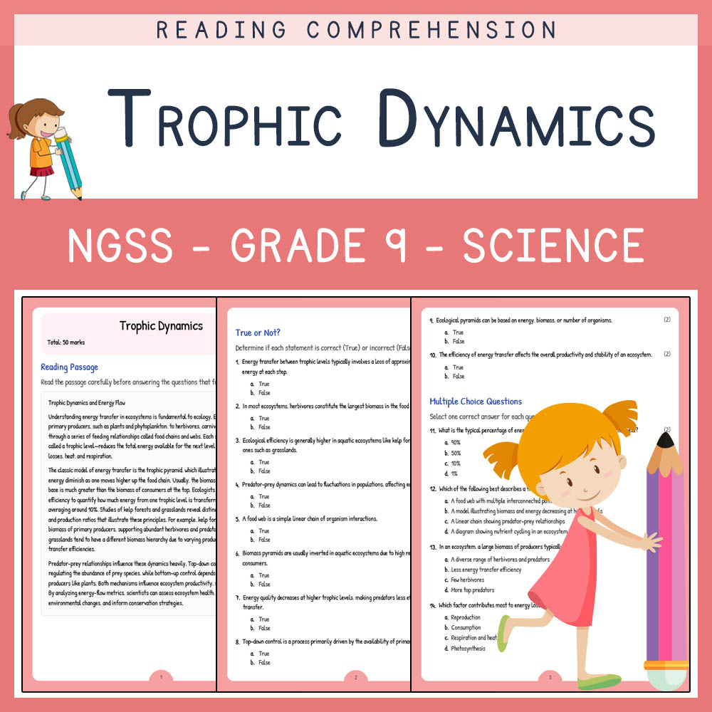 Grade 9 Science worksheet worksheet — Grade 9 Science | Trophic Dynamics Worksheet (Answer Key) – NGSS Aligned — page 1