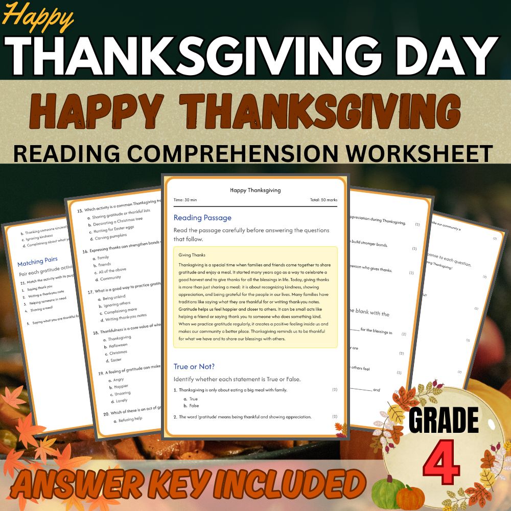 Grade 4 Seasonal | Happy Thanksgiving Worksheet for Mastery | PDF + Answer Key