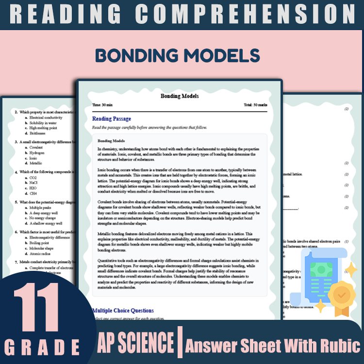 Grade 11 Science reading worksheets worksheet — Grade 11 Science | Bonding Models Reading Worksheet & Answer Key (PDF) — p…
