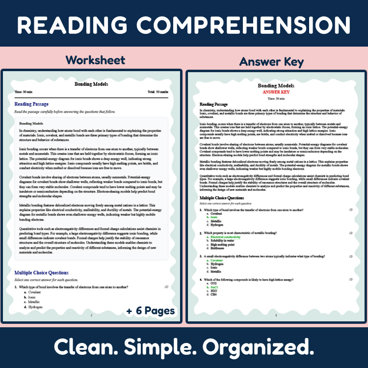 Grade 11 Science reading worksheets worksheet — Grade 11 Science | Bonding Models Reading Worksheet & Answer Key (PDF) — p…