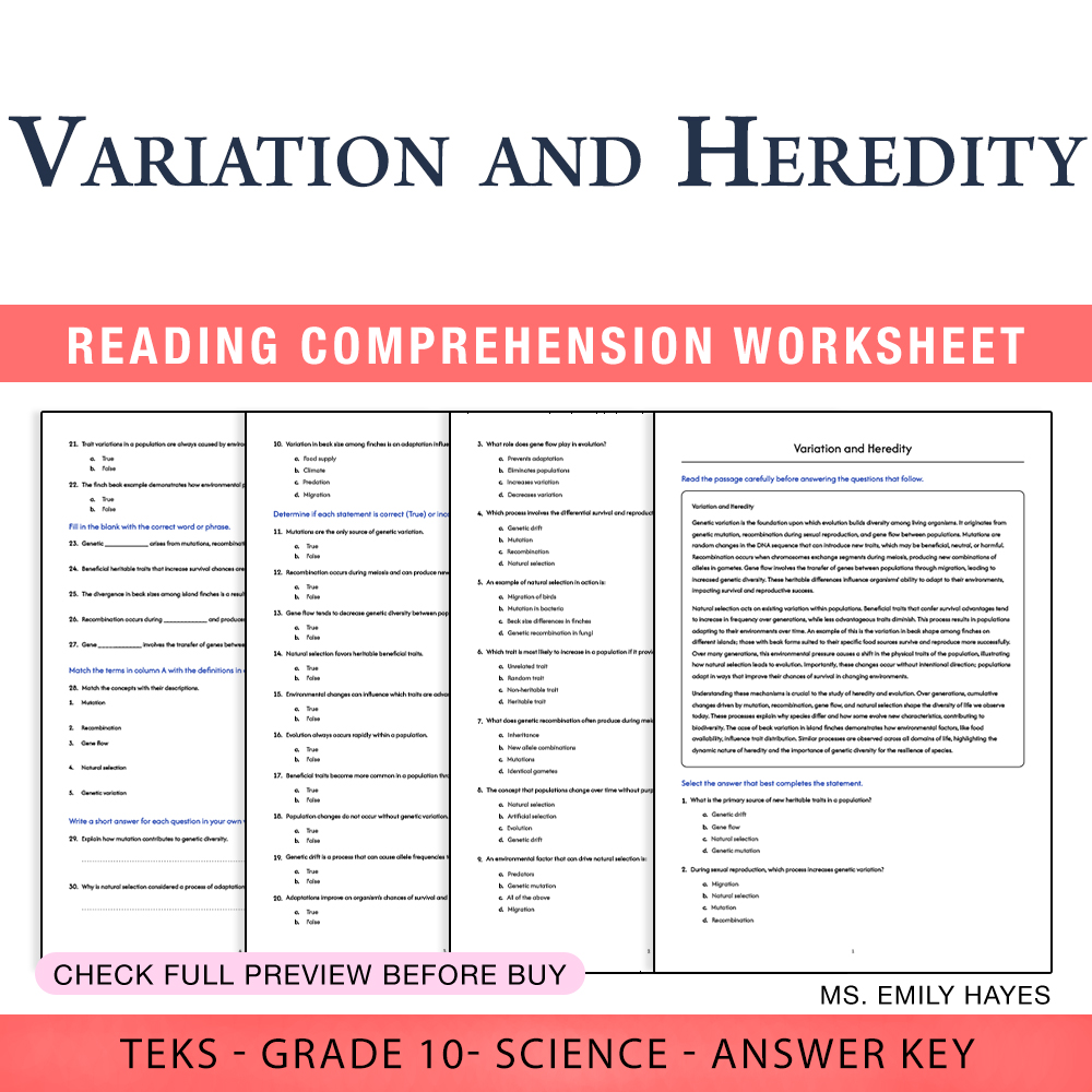 Grade 10 Science worksheet worksheet — 10th Grade Science | Variation and Heredity Worksheet (PDF+ Answer Key) — page 1