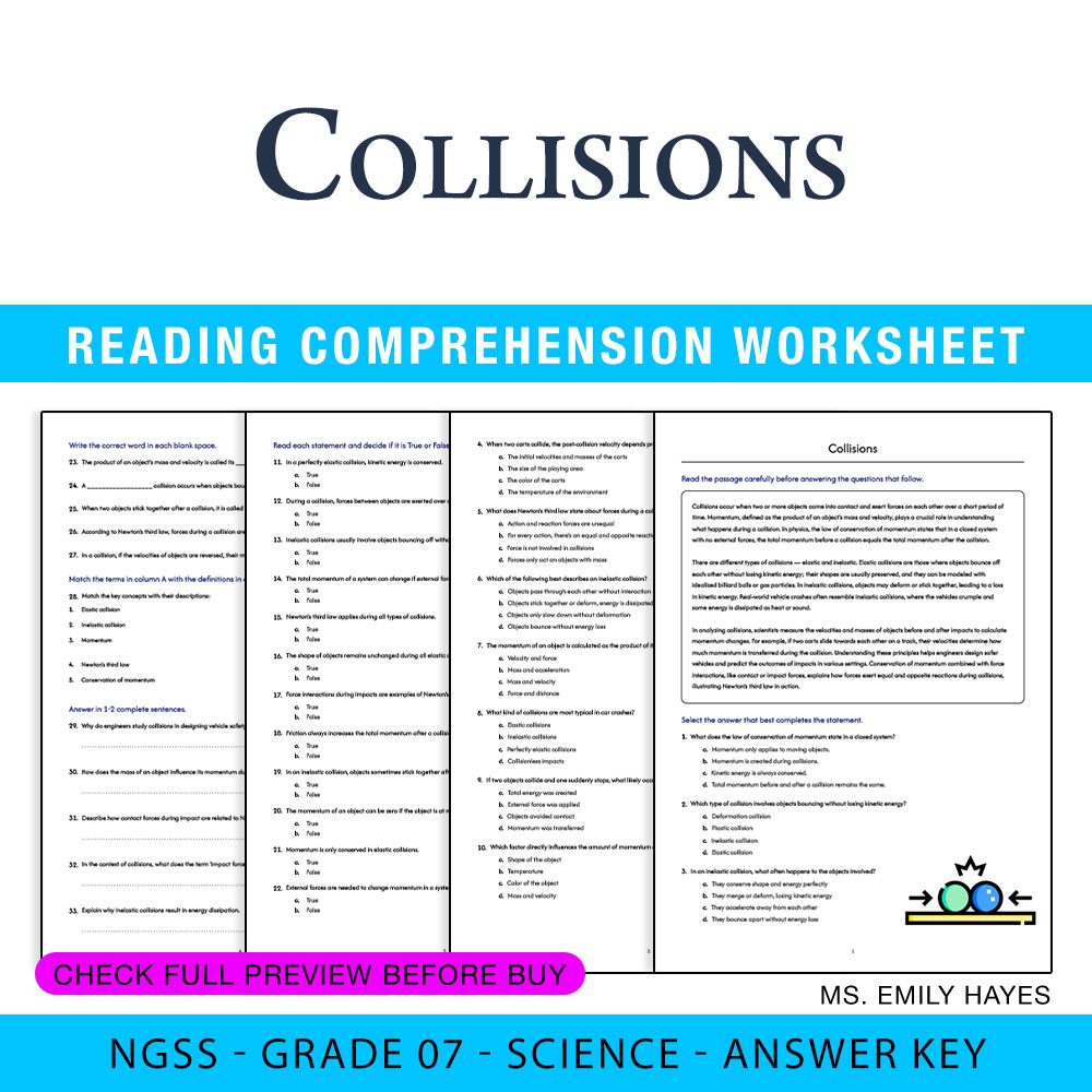 Grade 7 Science worksheet worksheet — Grade 7 Science | Collisions Worksheet (PDF+ Answer Key) — page 1