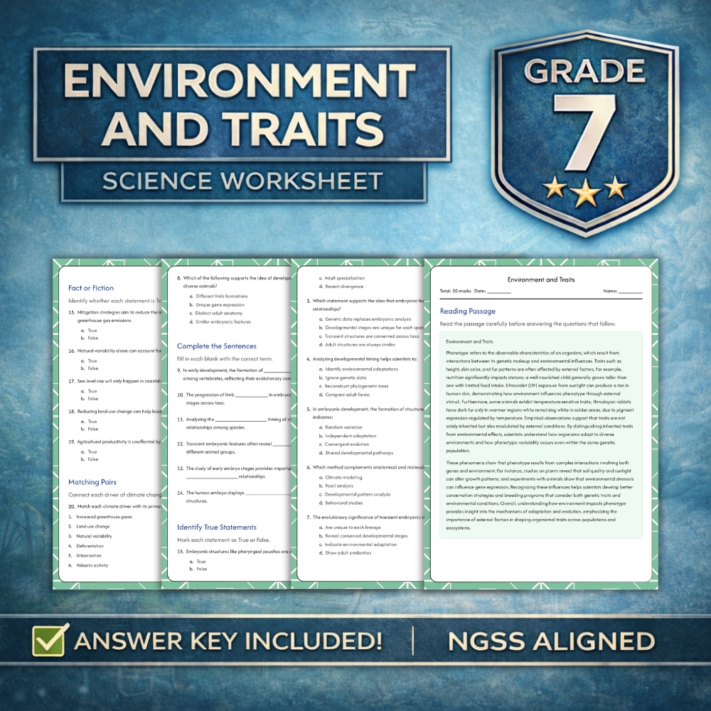 Grade 7 Science g7 ngss worksheet — 7th Grade Science | Environment and Traits NGSS Worksheet (Printable PDF)
