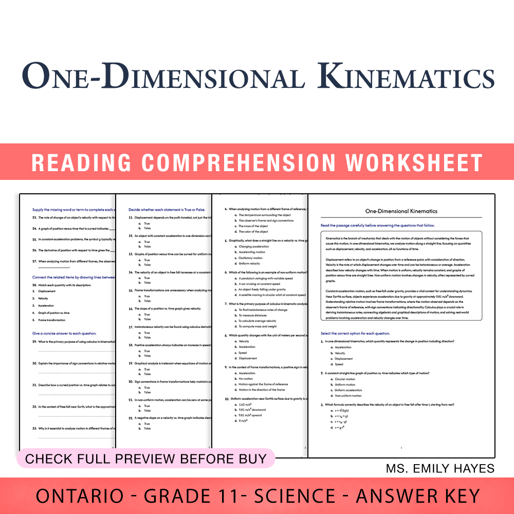 Grade 11 Science worksheet worksheet — Grade 11 Science | One-Dimensional Kinematics Worksheet (PDF + Answer Key) — page 1