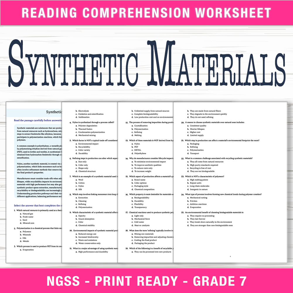 Grade 7 Science worksheet worksheet — Grade 7 Science | Synthetic Materials Worksheet (PDF + Answer Key) — page 1