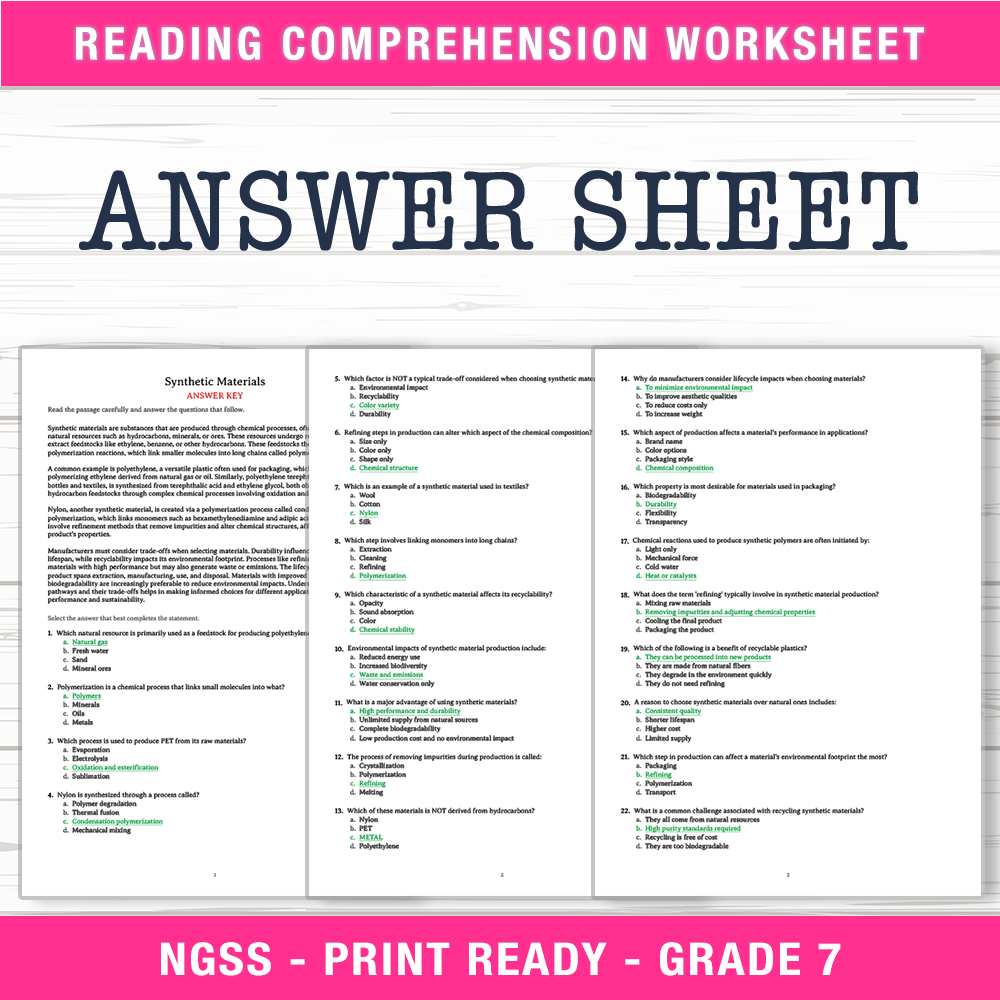 Grade 7 Science worksheet worksheet — Grade 7 Science | Synthetic Materials Worksheet (PDF + Answer Key) — page 2