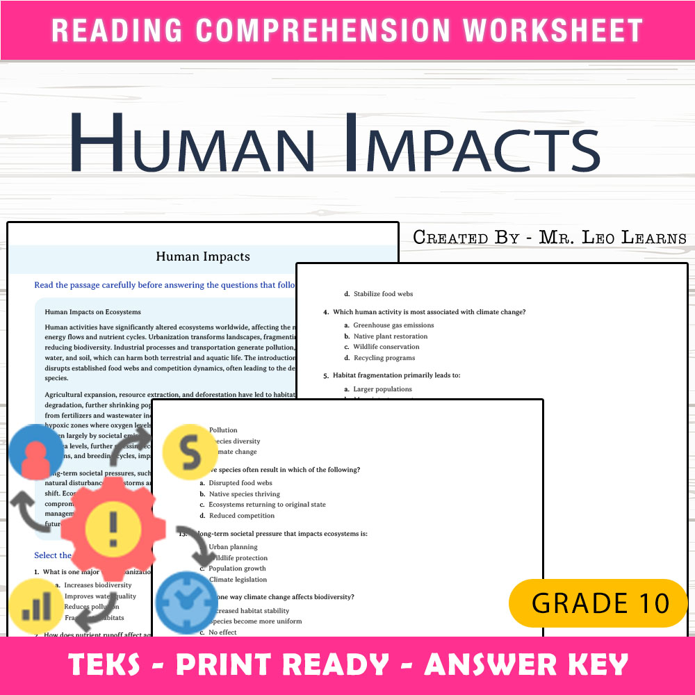 Grade 10 Science worksheet worksheet — Grade 10 Science — Human Impacts Worksheet for Ecosystem Learning — page 1