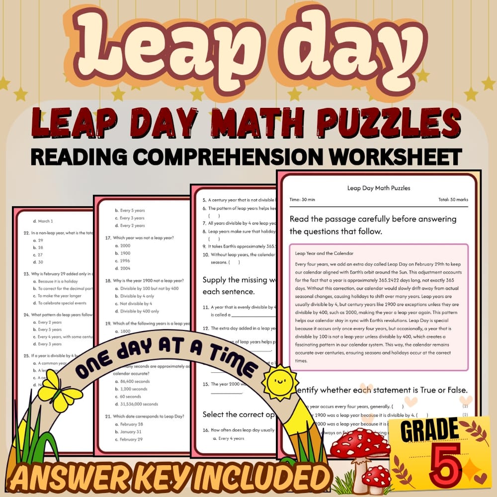 Grade 5 Holiday Worksheets Bundle | Leap Day Math & Cultural Activities — included worksheet 3
