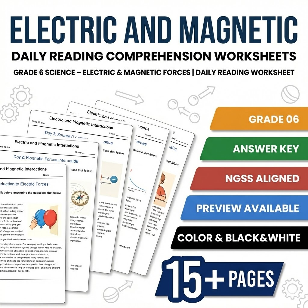 Grade 6 Science daily reading worksheet — Grade 6 Science – Electric & Magnetic Forces | Daily Reading Worksheet