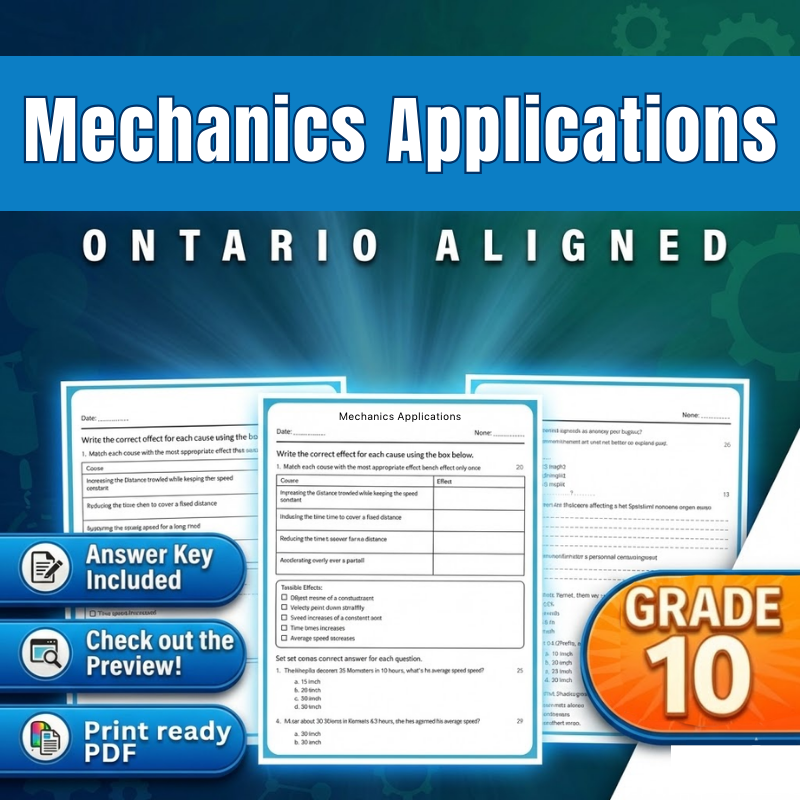 Grade 10 Science | Mechanics Applications Worksheet (Ontario Standards, PDF)