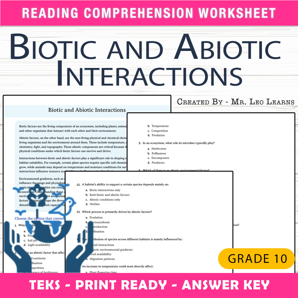 Grade 10 Science worksheet worksheet — Grade 10 Science — Biotic and Abiotic Interactions Worksheet for Mastery — page 1