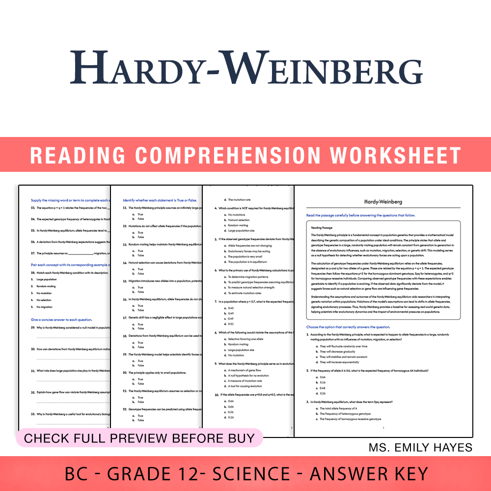 Grade 12 Science worksheet worksheet — 12th Grade Science | Hardy-Weinberg Population Genetics Worksheet (PDF + Answer — p…