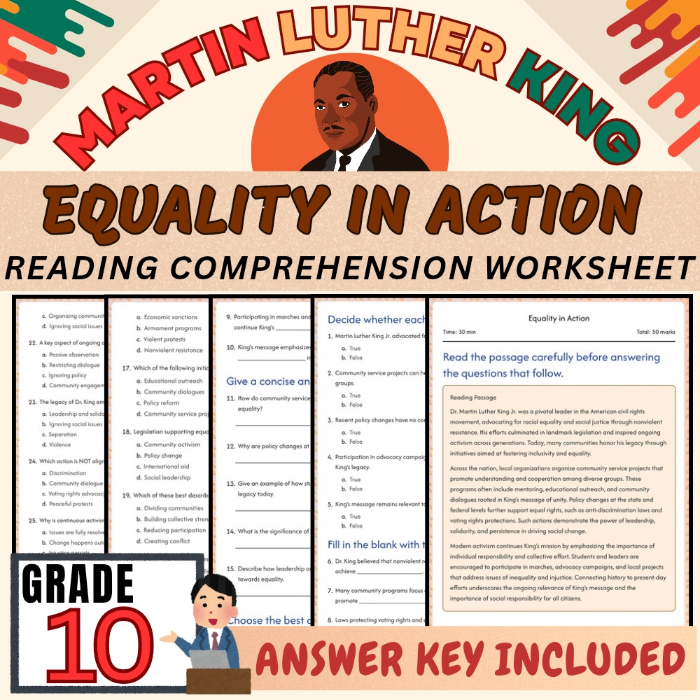 Grade 10 | Equality in Action Martin Luther King Worksheet | PDF + Answer Key